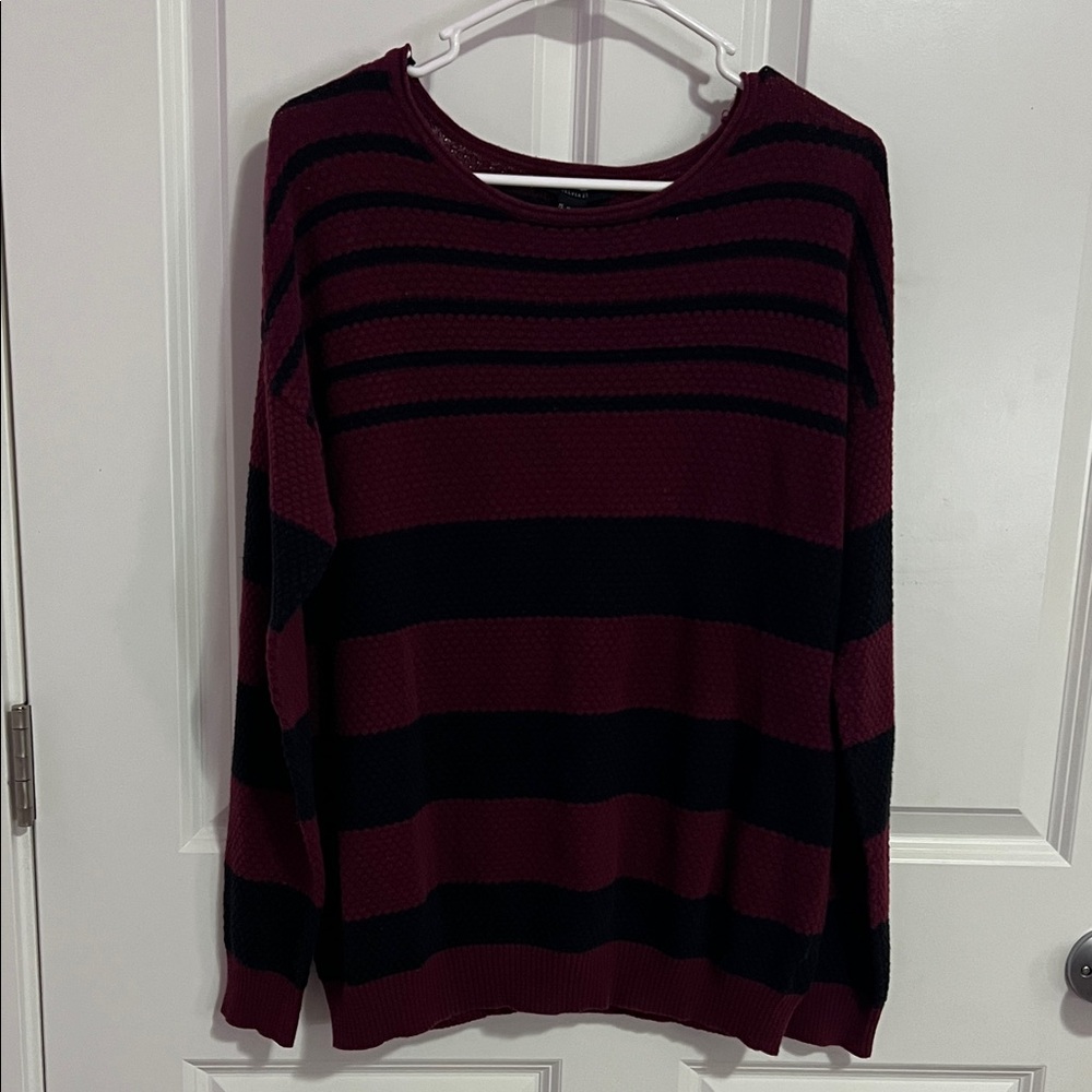 Forever 21 Maroon and Black Striped Crew Neck Sweater